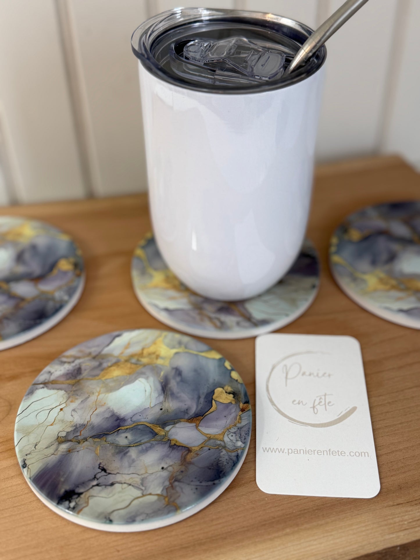 Ensemble de 6 sous-verres en céramique – Effet marbre mauve & doré