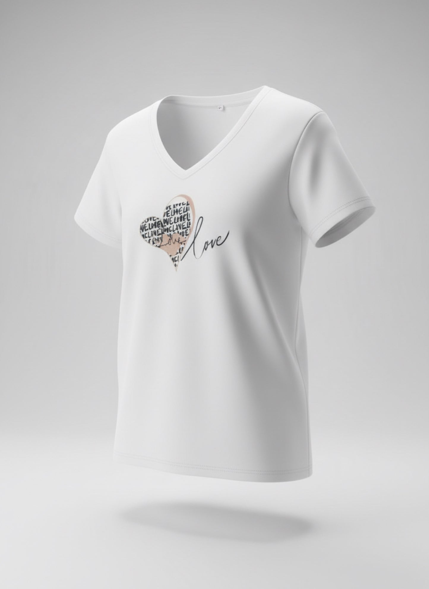 Chandail blanc col en V – Motif cœur “Love”