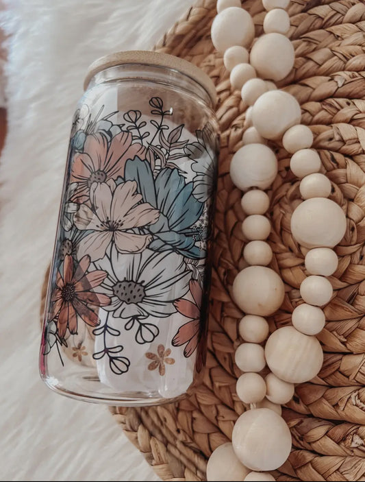 Tasse en verre | floral 16 oz avec couvert en bambou