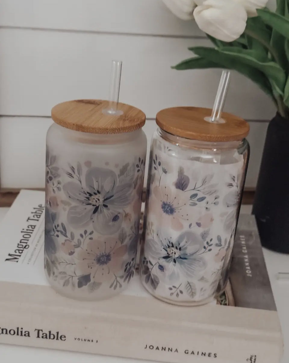 Tasse en verre givré | fleurs de printemps 16 oz avec couvert en bambou