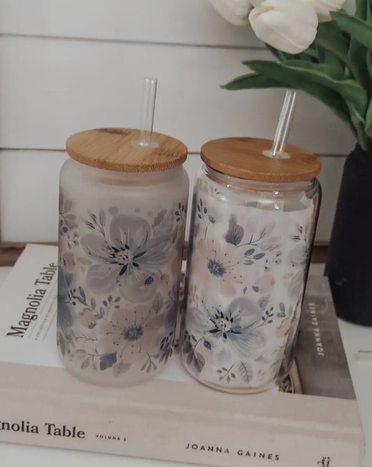 Tasse en verre givré | fleurs de printemps 16 oz avec couvert en bambou