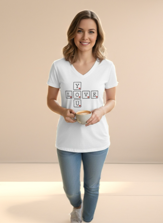 Chandail blanc col en V – Motif Love You