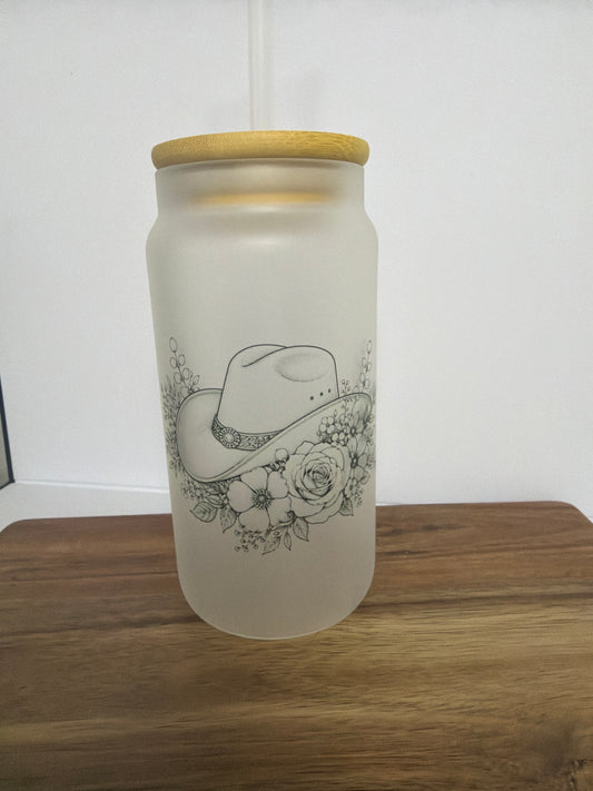 Verre canette | chapeau et fleurs 17 oz avec couvert en bambou