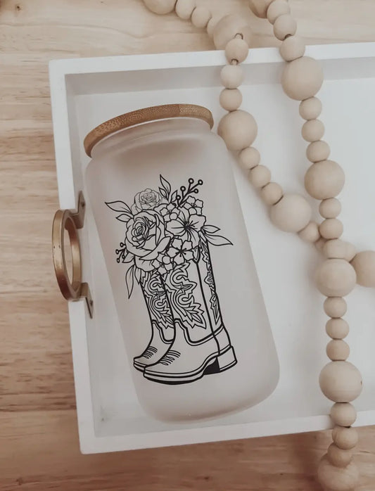 Tasse en verre | botte et fleurs 16 oz avec couvert en bambou
