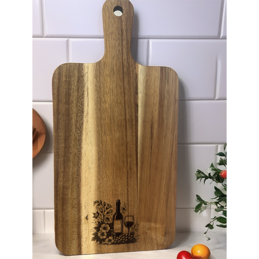 Planche en bois d’acacia | gravure vin et fleurs