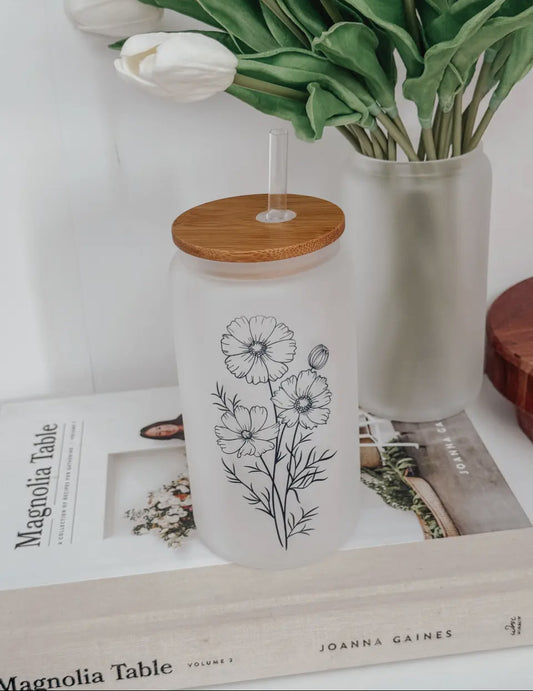 Tasse en verre | cosmos floral 16 oz avec couvert en bambou