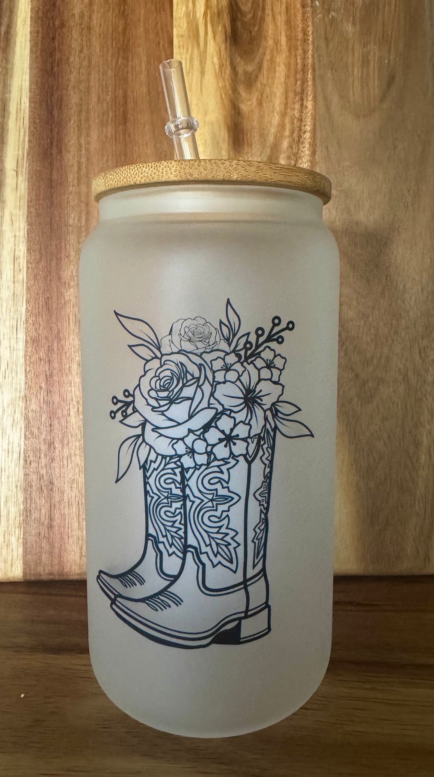 Tasse en verre | botte et fleurs 16 oz avec couvert en bambou