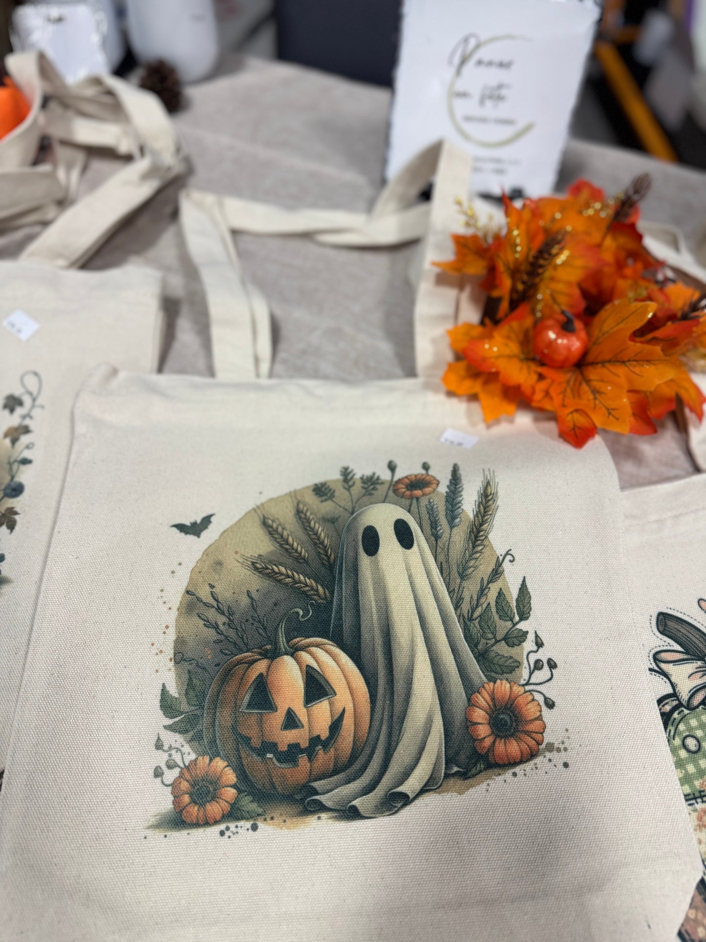 Grand sac réutilisable avec fermeture éclair |Halloween fantôme et fleurs