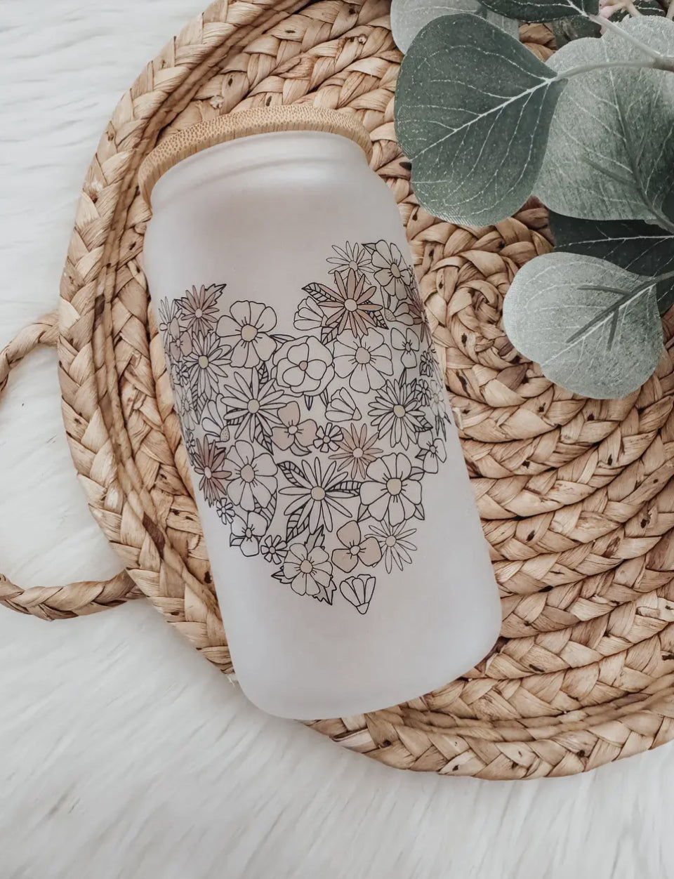 Tasse en verre | cœur floral 16 oz avec couvert en bambou