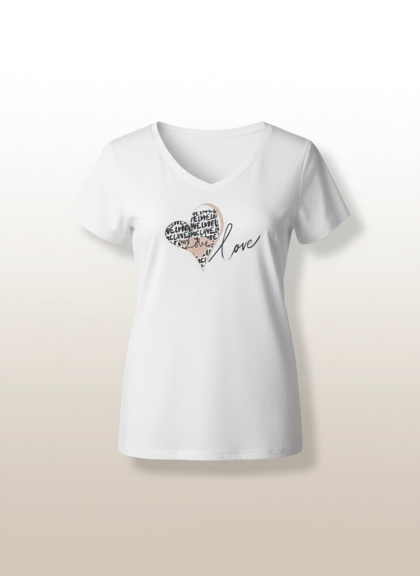 Chandail blanc col en V – Motif cœur “Love”