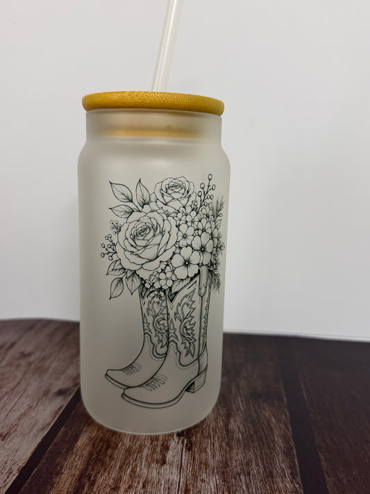 Verre canette| bottes et fleurs 17 oz avec couvert en bambou
