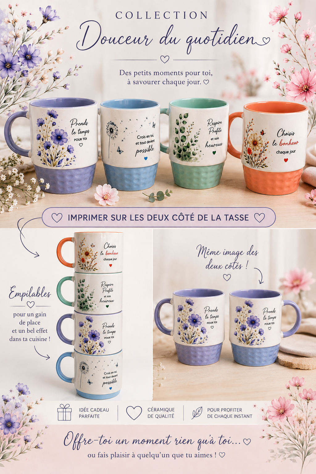Ensemble de 4 tasses en céramique 11oz.| Collection Douceur du quotidien 💜🩵💚🧡