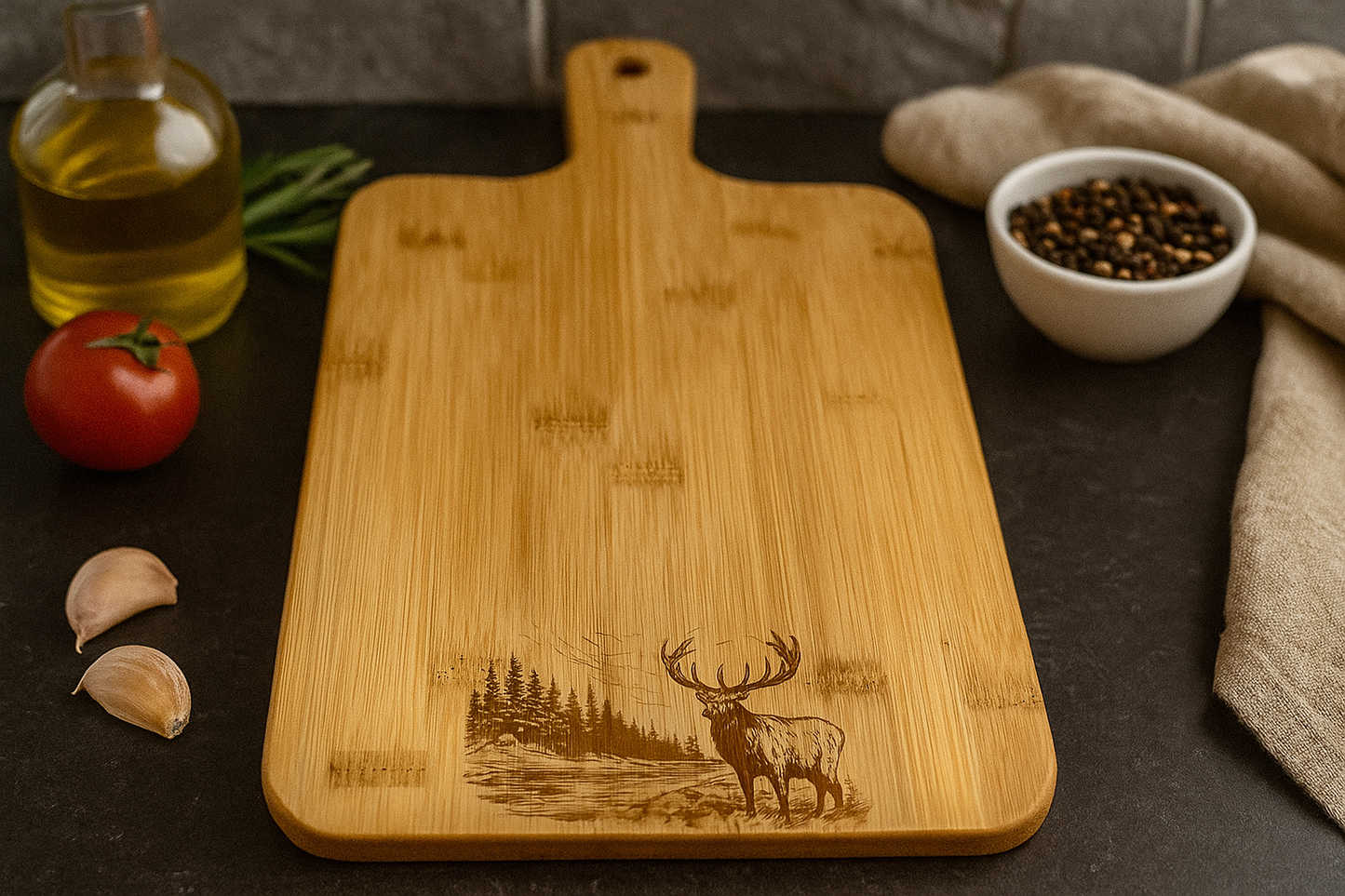 Planche de service ou de découpe gravée avec chevreuil